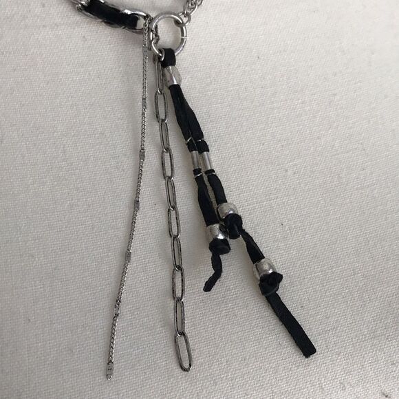 Free People Silver Tone and Black Leather Striped Necklace - Picture 3 of 9
